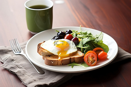 鸡蛋牛奶背景图片_一盘面包配菠菜胡萝卜煎鸡蛋牛奶和咖啡
