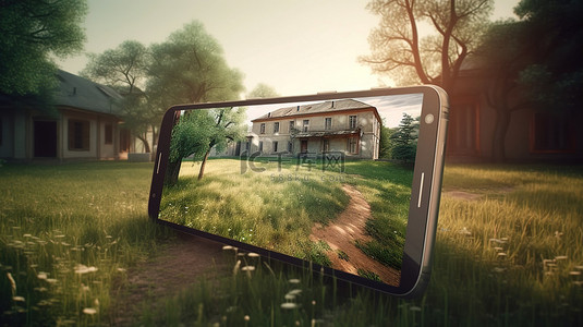 乡村氛围 老房子树木和草地在手机屏幕上的 3D 投影