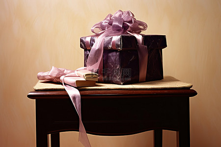 一件家具上放着一个带有紫色丝带的礼品篮