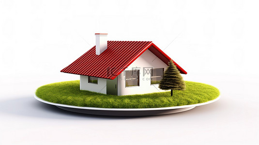 当代小屋住宅，拥有充满活力的红色屋顶和郁郁葱葱的圆形草坪，干净的白色背景 3D 渲染