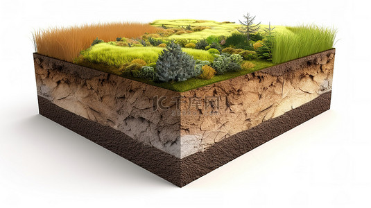 农业背景设计背景图片_白色背景下郁郁葱葱的草原和土壤地质的令人惊叹的 3D 立方景观横截面