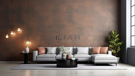 时尚时尚的客厅现代室内设计，空荡荡的奢华感觉和灰色墙壁纹理背景 3D 渲染