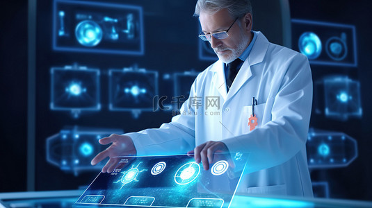 医疗专业人士在 3D 渲染中显示带有图标统计数据和数据的 UI 屏幕