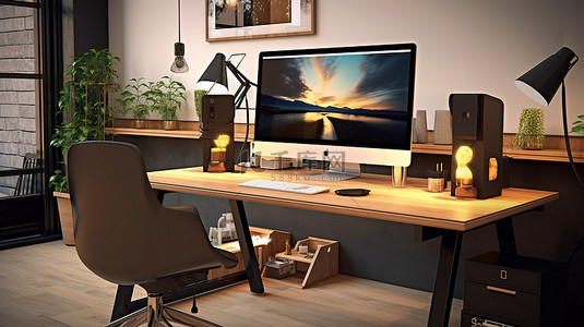 时尚的木桌，配有电脑模型，适用于现代办公空间 3D 渲染