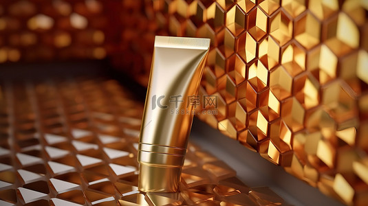金色立方体背景下的化妆品管的 3D 渲染