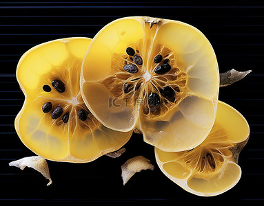 黄色水果背景图片_一大块黄色水果被分成四块并食用