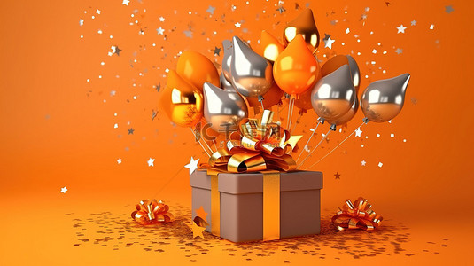 闪闪发光的节日饼干被金色气球星星和五彩纸屑包围，在充满活力的橙色背景 3D 渲染上