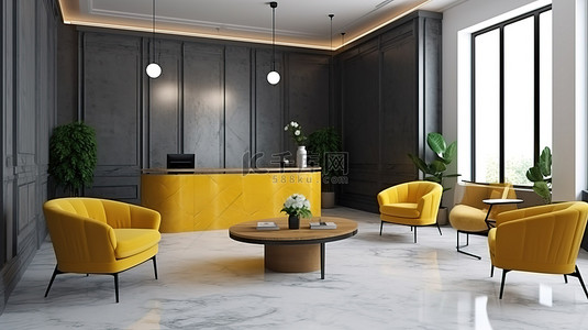 室内会议背景图片_时尚而现代的酒店大堂和休息室，配有会议座椅和充满活力的黄色沙发 3d 渲染