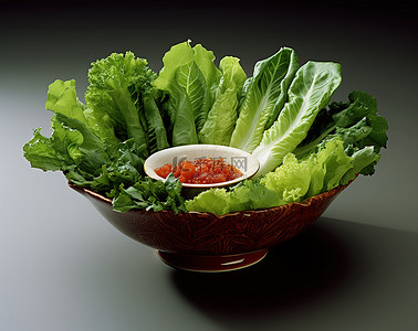 羽衣甘蔬菜背景图片_一个装有绿生菜和蘸酱的碗