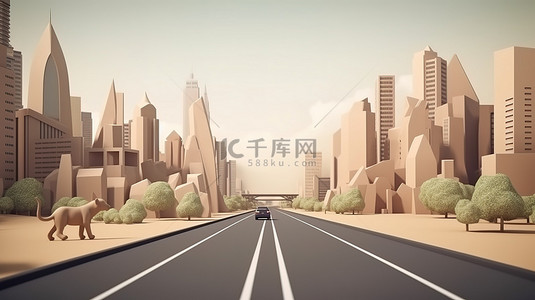城市广告背景背景图片_在城市天际线和高速公路中隔离的 3d 渲染道路上的 safari 广告