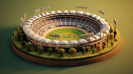 带有圆形板球场的微型运动场的 3D 插图