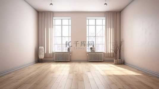 干净的木地板和大白墙的斯堪的纳维亚房间的时尚简单的 3d 渲染