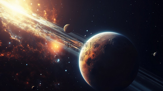 太阳系及其行星的 3D 渲染图