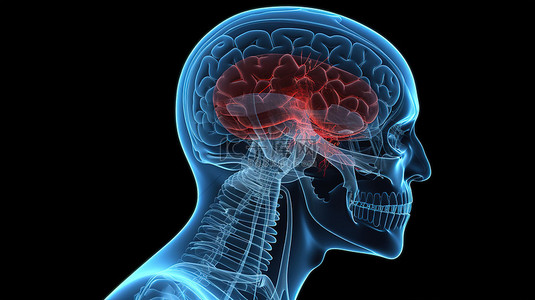 男性蓝色背景图片_描绘具有突出额叶的大脑的男性人物医学图像的 3d 渲染