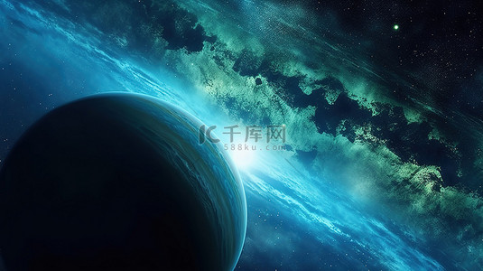 海王星行星的真实 3D 渲染，具有夜景和日出