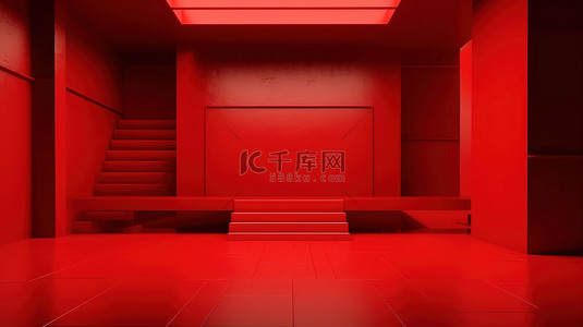 充满活力的红色工作室房间，配有 3D 渲染和充足的复制空间，用于产品展示或网站横幅