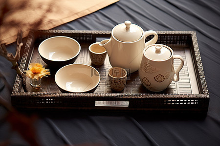 碟子胡萝卜背景图片_托盘里放着一碗茶和不同的杯子和碟子