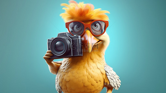 农场鸡背景图片_搞笑 3D 鸡卡通姿势与抗议标志和相机