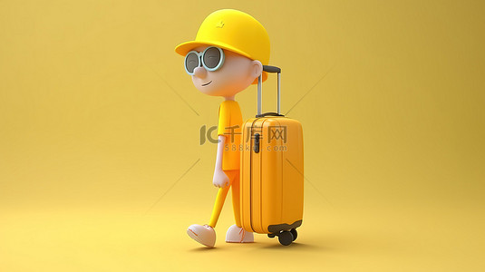 黄色手提箱提着卡通旅行者在 3D 渲染中漫步
