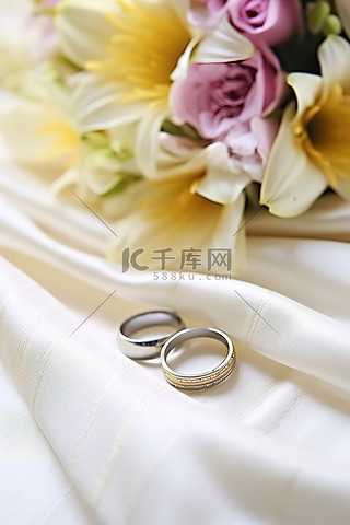 结婚戒指和手帕坐在桌子上的婚纱上