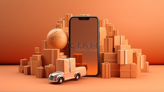 手机体验背景图片_虚拟购物 带有购物车运输箱和数字营销的 3D 智能手机体验