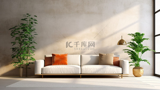现代简约主题背景图片_现代舒适的客厅设计，配有时尚的白色沙发，搭配斯堪的纳维亚主题 3D 渲染的简约混凝土墙