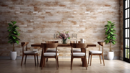 餐厅的 3D 渲染，配有木桌和椅子，以砖墙为背景