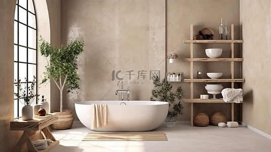 西西弗logo背景图片_米色浴室与波西米亚斯堪的纳维亚风格的家居室内 3D 渲染插图