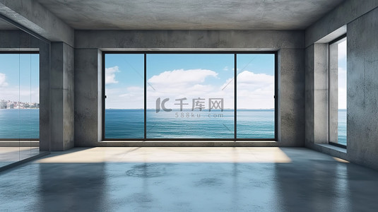 画展墙壁背景图片_宽敞的混凝土房间，享有海景，3D 渲染