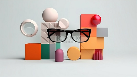 在极简主义的白色空间中艺术展示几何和 3D 眼镜