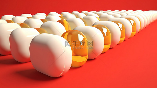 阳光明媚的黄色背景上以 3D 形式展示的均匀的红色和白色药丸行