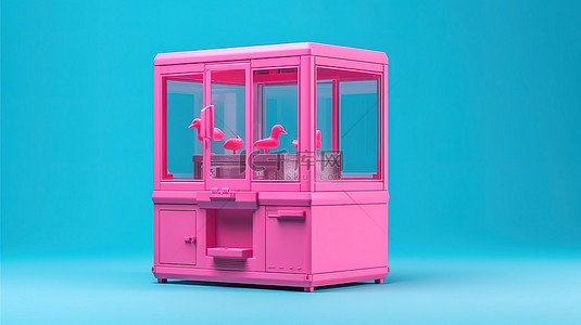 街机背景图片_狂欢节上荒凉的粉色玩具爪起重机街机，在蓝色背景 3D 渲染下以双色调风格捕获