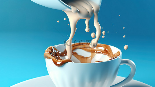 蓝色背景上倒牛奶的白咖啡杯的 3D 渲染