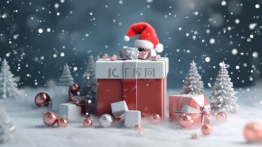 节日礼物盒装饰有圣诞老人帽子和雪花 3D 渲染与空白空间