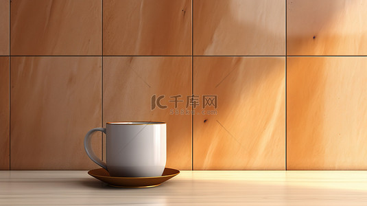 带有棕色瓷砖墙的前视图厨房台面上单个咖啡杯的 3D 渲染