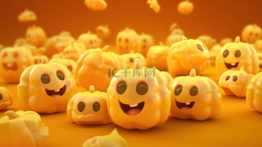 海报可爱黄色背景图片_万圣节场景与可爱的鬼微笑南瓜和蝙蝠在 3D 渲染在黄色背景