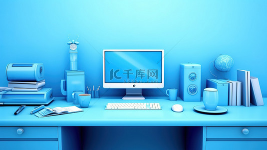 蓝色办公桌的 3D 插图，具有计算机 pc 背景