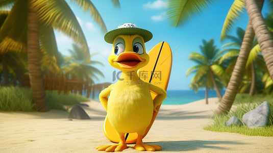 一个迷人的鸭子吉祥物，在沙滩上的一棵绿色棕榈树旁边有一个冲浪板，沙滩上有海洋背景，使用 3D 渲染技术创建