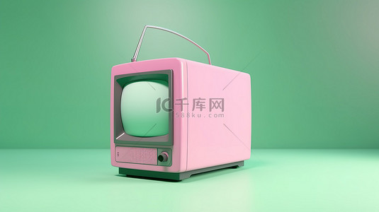 复古绿色卡通电视技术的最小粉色 3D 渲染