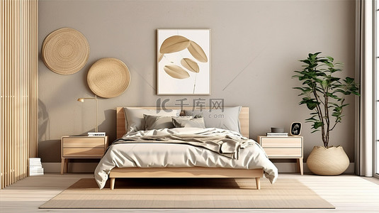 现代斯堪的纳维亚风格米色卧室，配有 3D 渲染的别致家具装饰