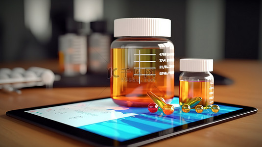 用于健康内容应用的药瓶和片剂图表的 3D 渲染
