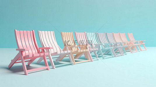 白色蓝色和浅粉色色调的躺椅在柔和的蓝色背景上呈现 3d