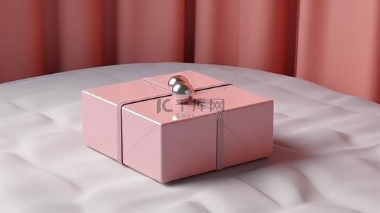 贴纸样机背景图片_粉红色珊瑚盒的 3D 渲染，桌上有白色包装纸和贴纸，阴影增强