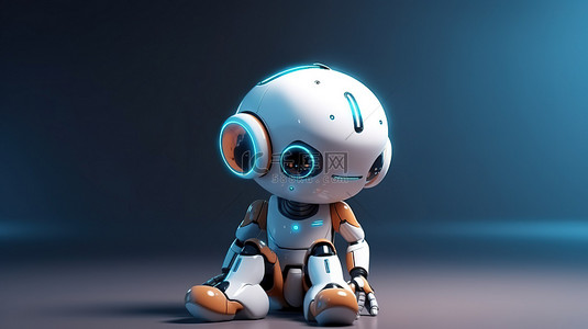 一个可爱的人工智能机器人的数字插图，具有深思熟虑的卡通人物