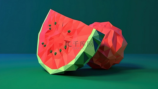 夏季美食西瓜背景图片_卡通风格的低聚西瓜充满活力的红色和绿色 3D 渲染，带有蓝色的暗示