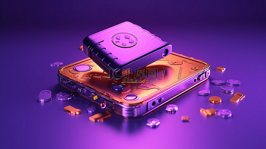 带有硬币和加密硬件钱包的紫色背景的 3D 渲染插图