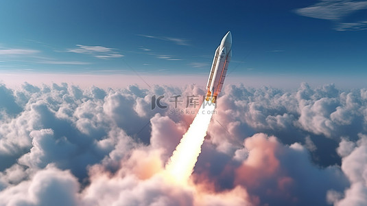 火箭发射的 3D 渲染插图，烟雾缭绕的轨迹在云端翱翔