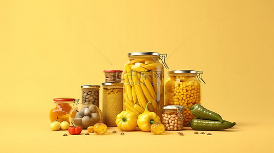 黄色背景的 3D 渲染，带有厨房用具油和罐装蔬菜在罐子里