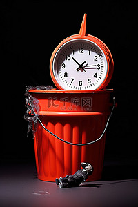 一个小时钟坐在一个黑色和白色的红色桶内