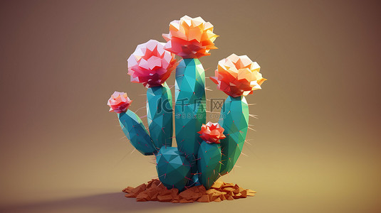 花朵盛开的低聚仙人掌的程式化 3D 插图